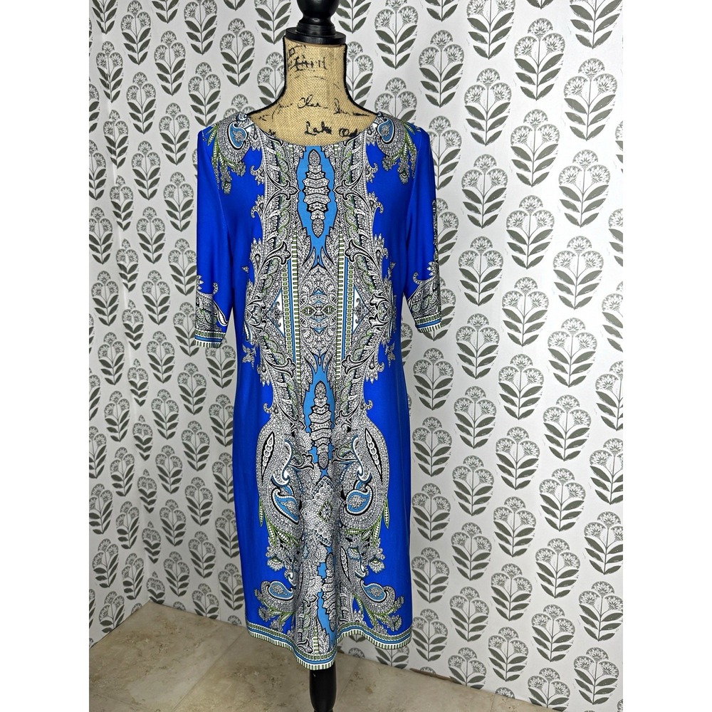 Sandra Darren Blue Paisley Sheath Dress 3/4 Sleeve Knee Length Stretch 12